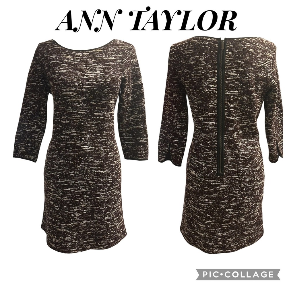 Ann Taylor Factory Sheath Dress Burgundy Marled Knit 3/4 Sleeve Exposed Zip XS - Picture 3 of 10